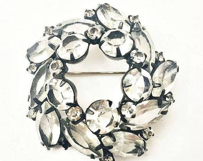 Clear Rhinestone Brooch - Black Japaned setting - Domed open back Crystal - Wreath Pin