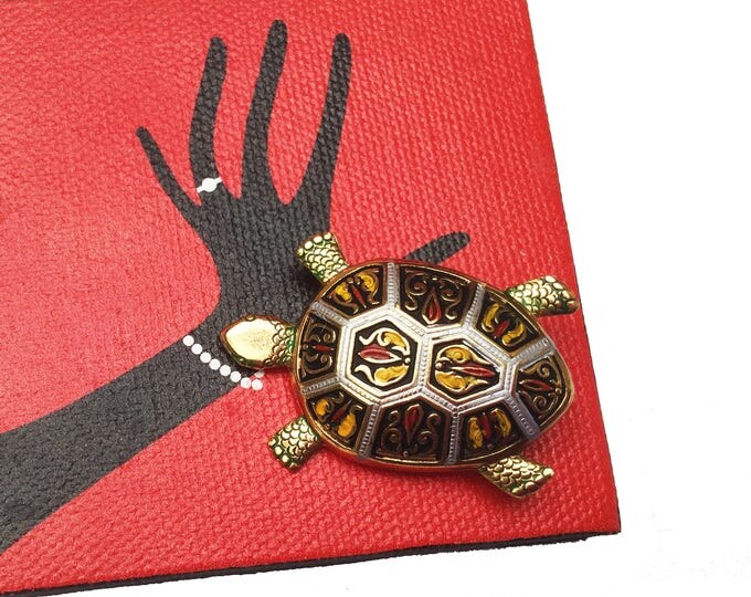 Damascene Turtle Brooch - Signed Spain - Black Silver red yellow green Gold - Enameling - Animal Figurine Pin