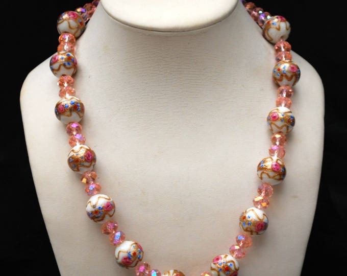 Pink Italian Bead necklace - Wedding cake - floral white gold pink Glass beads - Pink Crystal - Venitian - Murano -