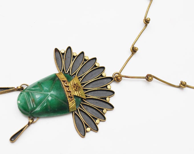 Green Onyx Mask Necklace - Signed Mexico -Brass- Tribal Aztec - Carved gemstone gemstone - Boho Face head dress pendant