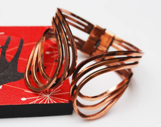 Renoir Copper Bangle - Hinged Bracelet - wide wire - Scroll Rhythm- bangle cuff - Mid century Mod