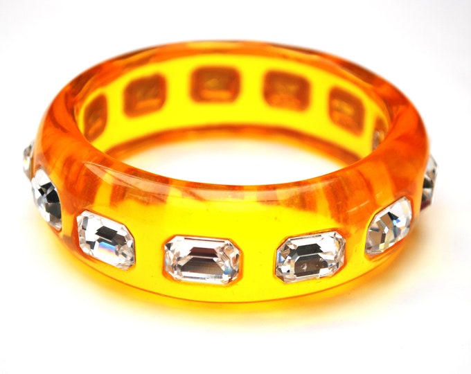 Yellow Lucite Rhinestone Bangle - Signed Noir - clear crystal - vintage Bracelet