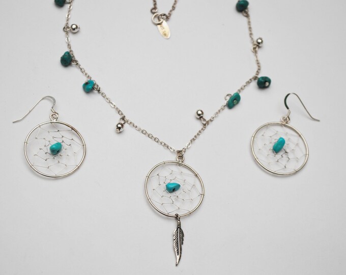 Sterling Dream Catcher Necklace Dangle earrings set - turquoise bead Native American South western pierced earrings