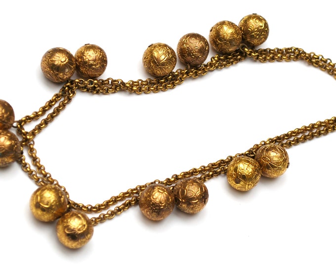 Monet Necklace - Dangle balls - multi strand chain - gold plated - repousse floral balls