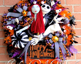 Deluxe Nightmare Before Christmas Halloween Wreath, Large Pumpkin King Wreath, 18in Sally & 24in Jack Skellington, Zero, Plush Pumpkin