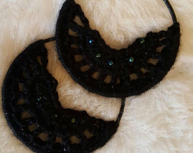 Large Black Beaded Crochet Earrings Subtle Shimmer on Hoop and Yarn 3.75 Inches