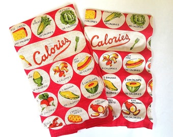 Pair of Vintage Tea Towels Dish Towels Food Graphics with Calorie Count