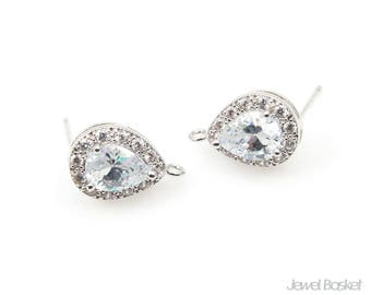 Teardrop Cubic Earrings in Rhodium with 12 Sub-Cubic Zirconia - Small / Wedding Earrings / Bridesmaid / 9.6mm x 14.6mm / CRH064-E (2pcs)