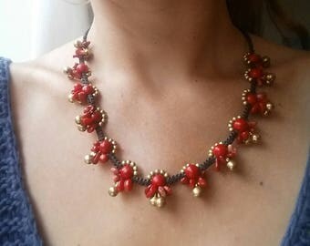 Handmade lovely bohemian necklace with red coral