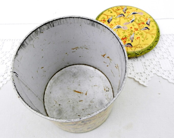 Vintage Yellow Persian Bird and Foliage Style Pattern Round Metal Tin, Retro Cookie Tin with Parrots and Peacock Motif on Yellow with Green