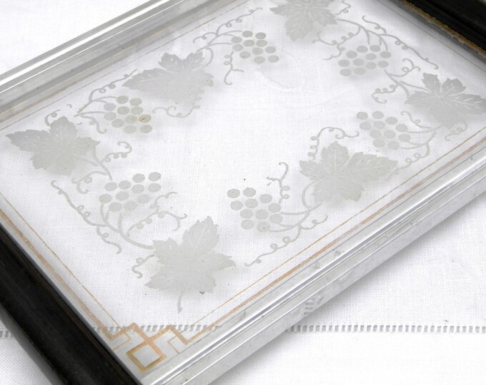 Antique Art Deco Glass Tray with Wooden Handles Gilt Banding and Decorated Vine Leaves and Grape Pattern, Retro Vanity Boudoir Accessory Antique Art Deco Glass Tray with Wooden Handles Gilt Banding and Decorated Vine Leaves and Grape Pattern, Retro Vanity Boudoir Accessory