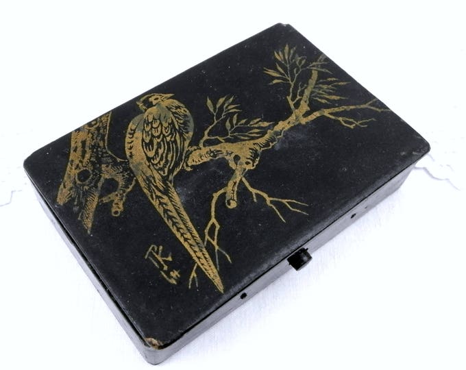 Antique Napoleon III / 3 Black Lacquer and Gold Gilt Carton Bouilli / Papier Mache Playing Card Box Signed by Artist Featuring a Pheasant