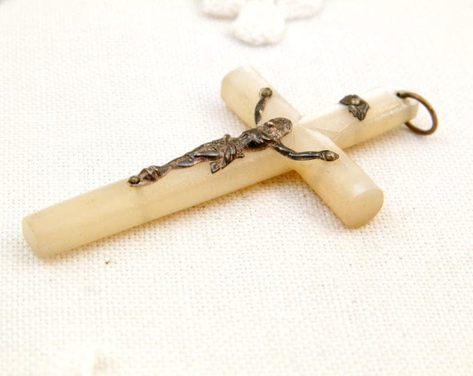 Vintage French Mother of Pearl and Silver Plated Crucifix, French Catholic Cross Made of Nacre with Metal Jesus, Religious Jewelry
