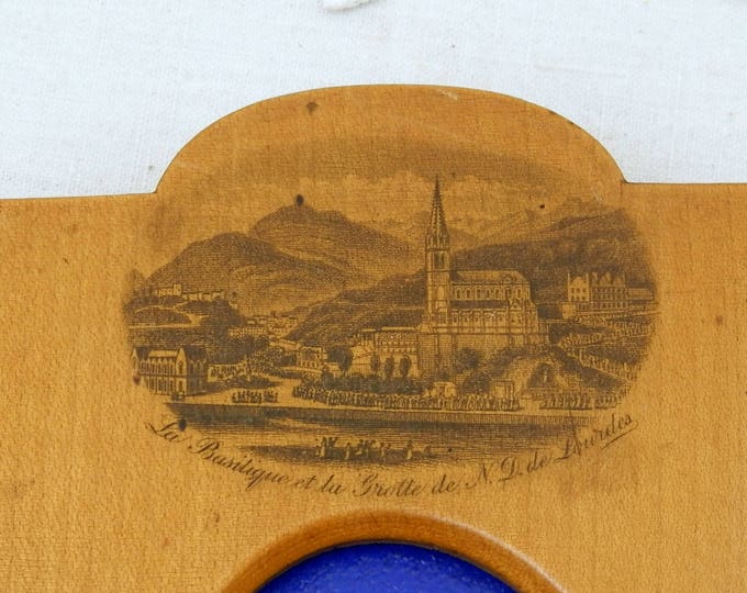 Antique Mauchline Ware Wooden Frame With Scenes of Lourdes in France and the Virgin Mary, Victorian Mauchlineware Catholic Collectible