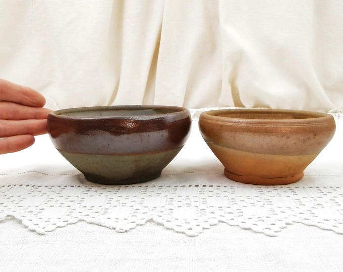 2 Antique Primitive French Rillette du Mans Stoneware Ceramic Bowls, Rustic Pottery Paté Dishes from Rural France, Country Kitchen Decor