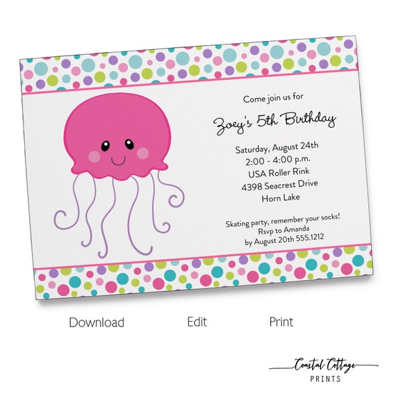 Pink Jellyfish Invitation Kids Birthday Printable Editable