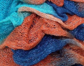 Handmade - Scarf ruffle mambo orange copper, turquoise and blue