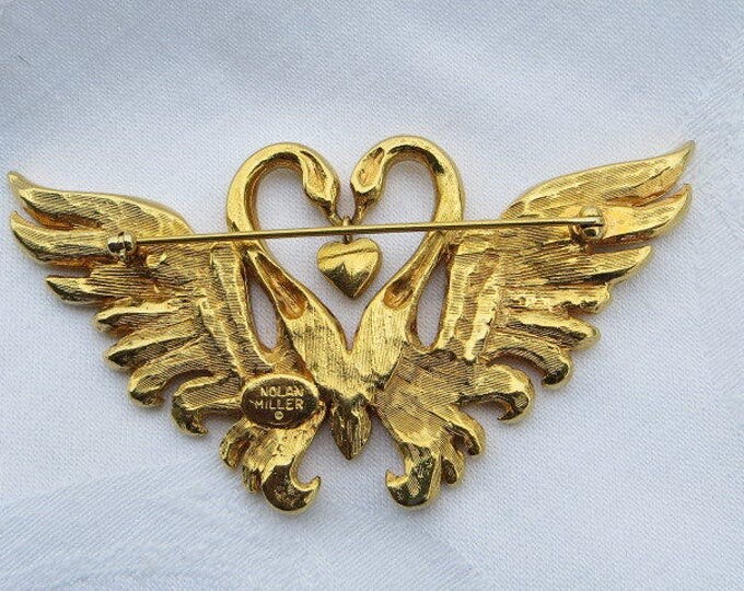 Nolan Miller Swan Brooch, Pair of Swans Pin, Lovebirds Rhinestone, Wedding Bride Designer Signed Jewelry