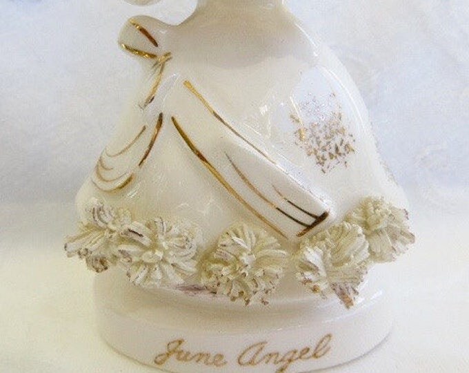 Vintage Angel Figurine, June Bride Wedding, Porcelain Cherub with Wedding Rings, Bridal Figurine 1950s