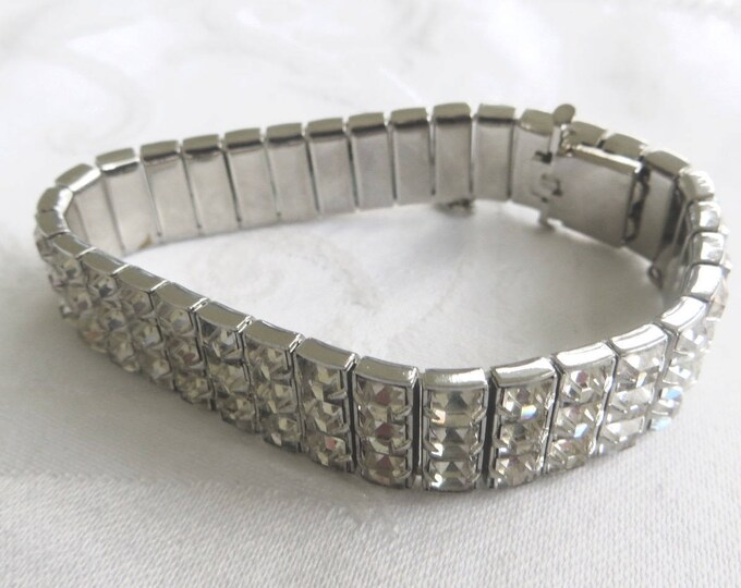 Art Deco Crystal Bracelet, Channel Set, Rhodium Setting, 1950s Bracelet, Wedding Bridal Jewelry, Crystal Clear Stones