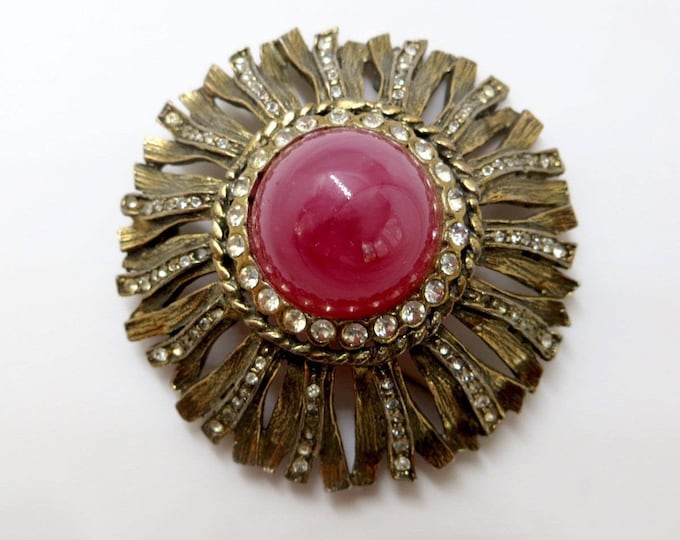 Les Bernard Flower Brooch, Rhinestone Domed Pin, Pink Center Stone, Designer Signed Jewelry
