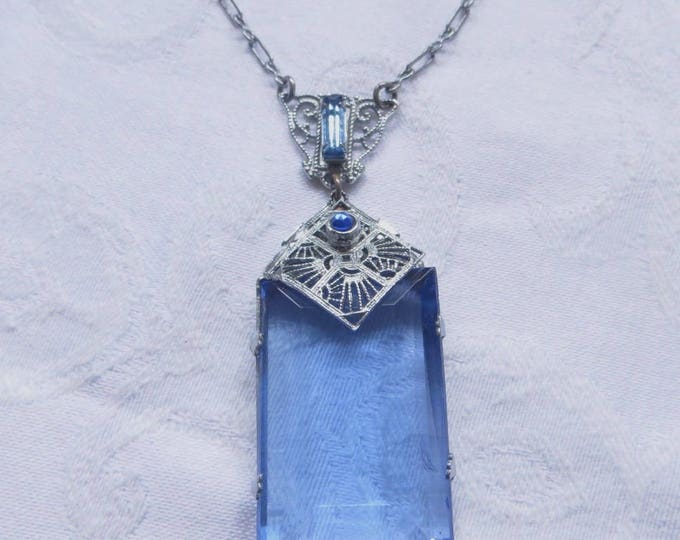 Antique Lavalier Necklace, Antique Art Deco Necklace, Cobalt Blue Emerald Cut Pendant, Rhodium Filigree Setting, Beaded Chain