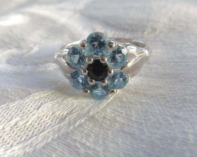 Sterling Blue Topaz Ruby Ring, Vintage Silver Blue Topaz Ring, Ruby Center Stone, Size 10 Ring, Vintage Ring