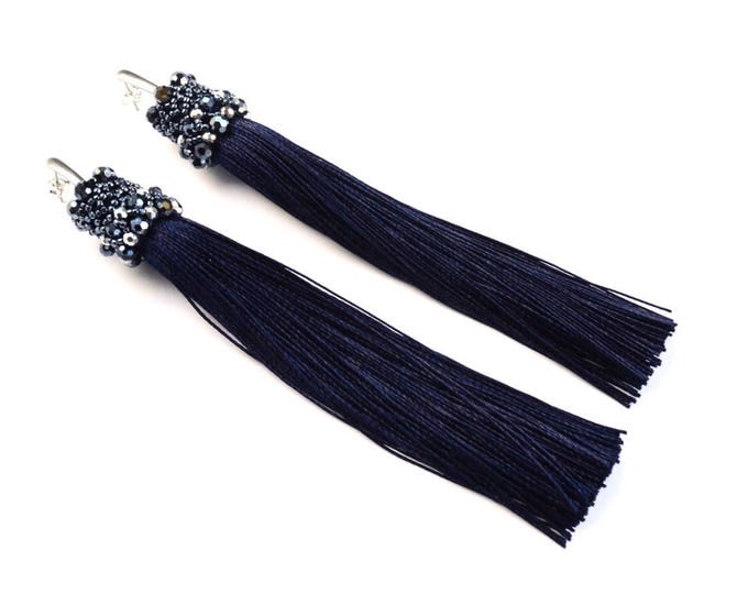 Long tassel earrings, cobalt earrings, Large Statement Earrings, bohemian earrings, boho jewelry, Extra Long Earrings, boho chic earrings