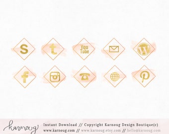 Geometric Watercolor Social Media Icons|Clip Art|Downloadable Clip Art|Social Media Icons|Hand drawn Social Media|Peach Icons|Web Buttons