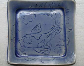 Small Square Plate with Hand Carved Koi Fish, in Blue Glaze