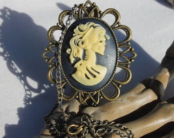 Victorian Lady Skull Cameo Necklace 24" Link Brass Chain Costume Halloween Jewelry