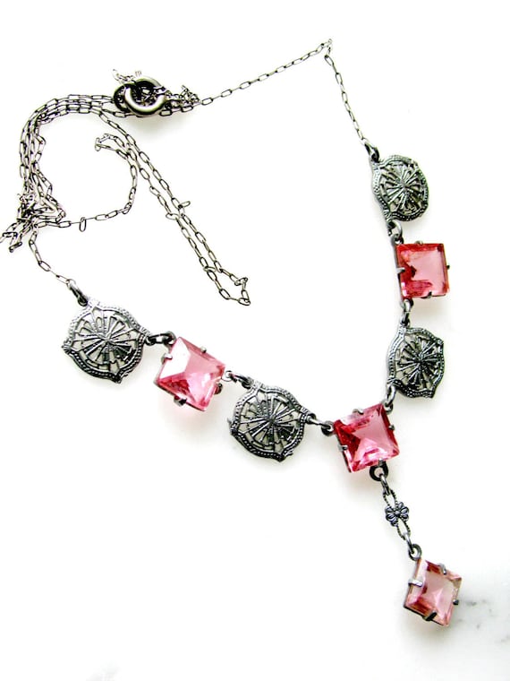 Art Deco Y Necklace, Faceted Pink Czech Glass, Silver Filigree, Lavalier Drop