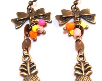 Tropical pineapple, knots and beads cluster earrings