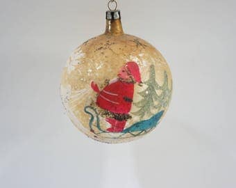 Vintage Christmas Ornament, Large Glass Mercury Ornament, Gold Dirty 3.5" Hand Painted Santa Reindeer Holiday Decor, Made Poland, Free Ship