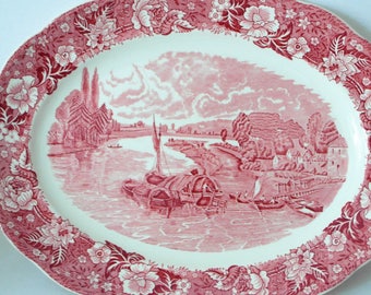 Palissy THAMES RIVER Scenes large serving plate red white Transferware / oval English dish / traditional landscape of London