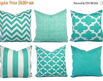 15% OFF SALE Outdoor Pillow Covers - Aqua Pillow - Teal Pillow Cover - Patio Pillow - Turquoise Pillows - Chevron Pillow - Solid Pillow - Qu