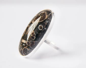 Turitella fossil ring, fossilised shell, oval cabochon ring, artisan jewellery, size L ring