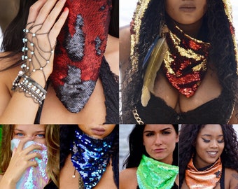 FLIP SEQUIN Face Neck Bandana, Festival Hippie Style Bandanas, Mermaid Edm Rave Burning Man Costume, Adjustable Festival Style Clothing