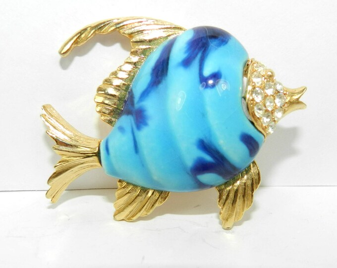Vintage Fish Figural Brooch, Enamel Fish Pin, Blue golden fish pin, collectible fashion jewelry jewellery, Fish rhinestone broche, gift