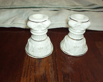 Vintage Pair of 3.5" Ceramic White Candle HOLDERS Trimmed in Gold with Raised details (Victorian Style) Made in China