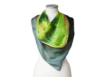 Silk scarf Hand painted- Green scarf kiwi- Square scarf green yellow- Kiwi fruit scarf- Womens silk scarf- Emerald green scarf- Silk scarves