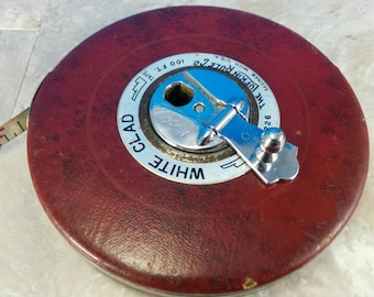 Vintage White Clad 100 Foot Tape Measure Reel - The Lufkin Rule Co. - Steel Tape - Red Leather-Look