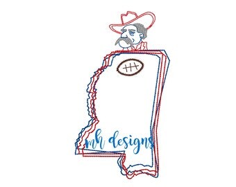 State of Mississippi with Rebel and Football embroidery design, Vintage stitch rebel, Mississippi embroidery file, Bean stitch rebel
