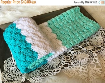 SALE Crochet Baby Blanket - Knit Baby Blanket - Stroller Blanket - Toddler Blanket - Baby Crib Blanket Mint Turquoise and White