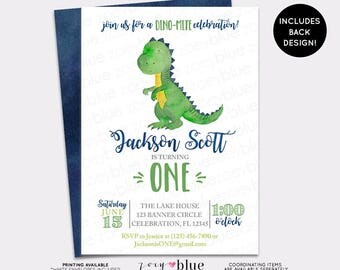 Dinosaur Birthday Invitation - Trex Watercolor Boy Birthday Invite - Modern Dino First Birthday Invite - Boy Blue Green Baby Shower Invite