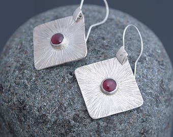 Garnet Jewelry, Garnet Earrings, Square Silver Earrings & Garnet, Garnet and Silver, Everyday Garnet Jewellery, January Birthstone Earrings