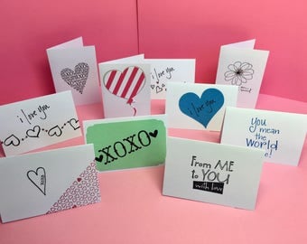 Love notes, Mini Cards, Love Cards, Set of 10, Lunch Box Notes, Mini Love Notes, Mini Lunch Notes, Love You Notes, Hand stamp cards, Hearts