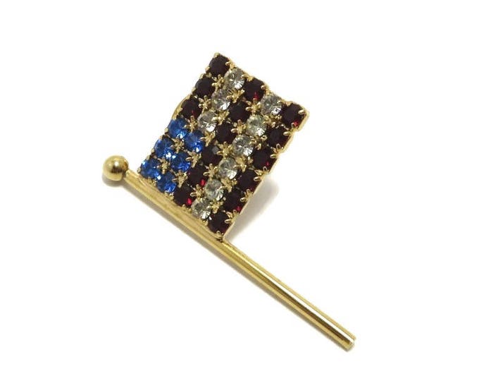 USA Flag Pin, Rhinestone Lapel Pin, Vintage Patriotic Tie Tac, Gold Tone Rhinestone Stars and Stripes Pin