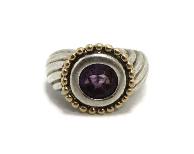 Amethyst Two Tone Ring, Vintage Sterling Silver Gold Plated Ring, Chunky Ribbed Ring, Size 7