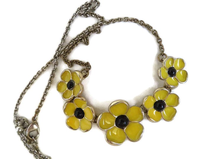 Yellow Flower Necklace, Vintage Enameled Floral Necklace, Bib Necklace, Summer Necklace, Gift Idea